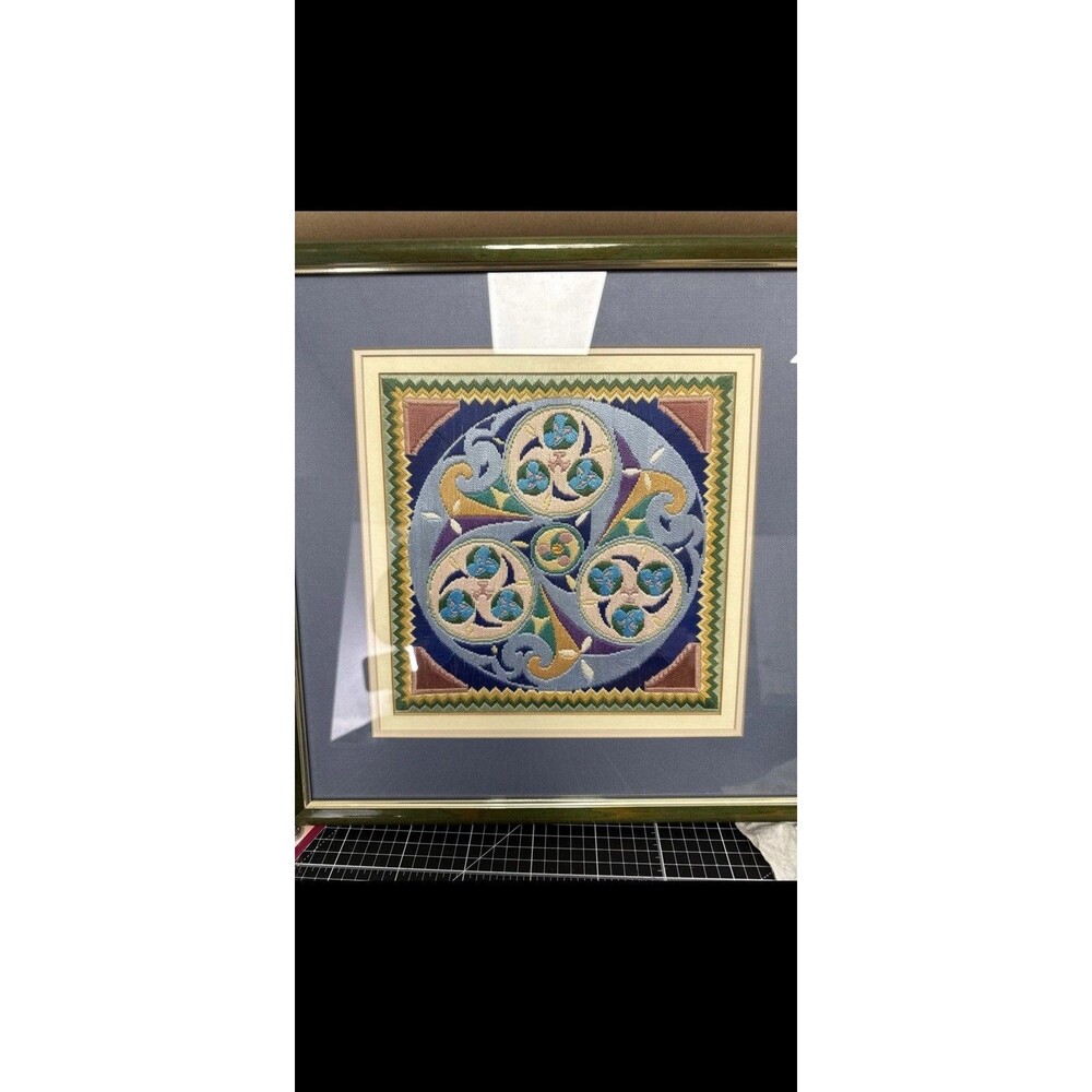 Vintage Needlepoint Framed Textile Art Geometric Floral Design Handmade